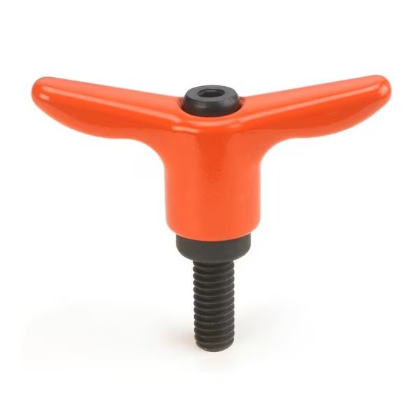 Adjustable Handle, T-Handle Design, Cast Zinc, M5 x 16 mm Steel External Thread, 50mm Handle Diameter, Safety Orange, Morton, Mfr#: TH-402-OR